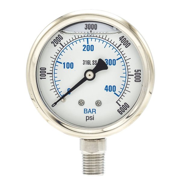 Pic Gauges Pressure Gauge, 0 to 6000 psi, 1/4 in MNPT, Stainless Steel, Silver PRO-301L-254S-01
