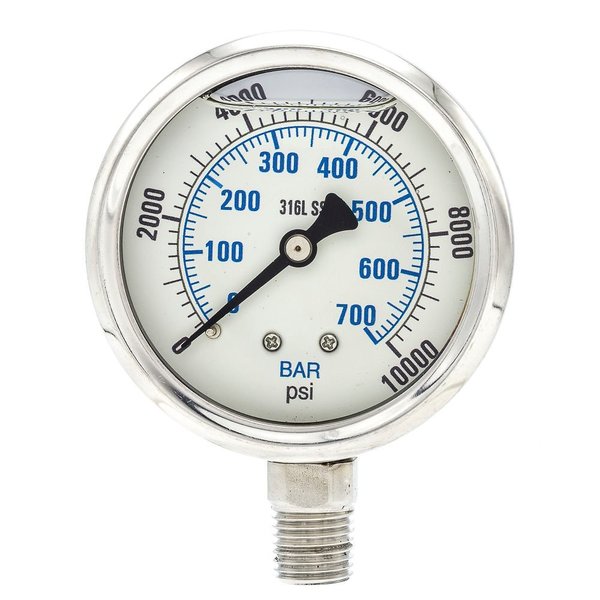 Pic Gauges Pressure Gauge, 0 to 10,000 psi, 1/4 in MNPT, Stainless Steel, Silver PRO-301L-254U-01