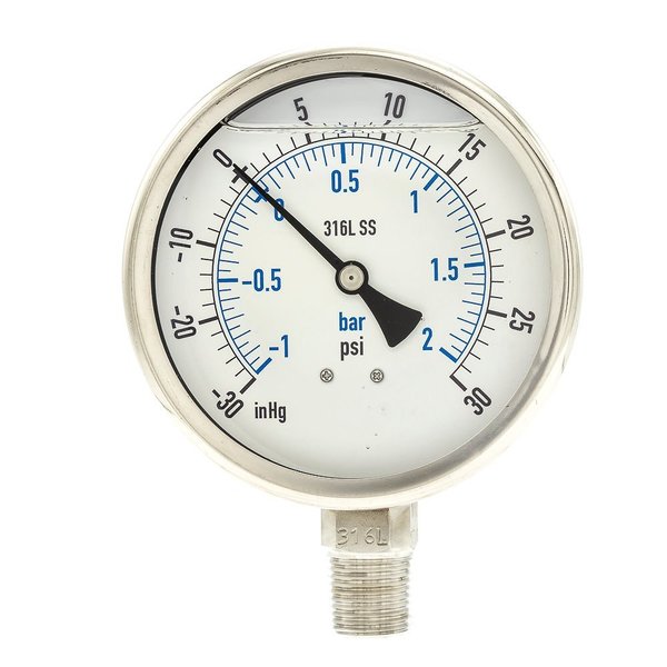 Pic Gauges Compound Gauge, -30 to 0 to 30 in Hg/psi, 1/2 in MNPT, Stainless Steel, Silver PRO-301L-402CC-01