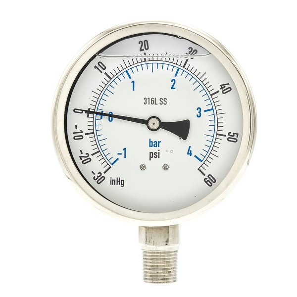 Pic Gauges Compound Gauge, -30 to 0 to 60 in Hg/psi, 1/2 in MNPT, Stainless Steel, Silver PRO-301L-402CD-01