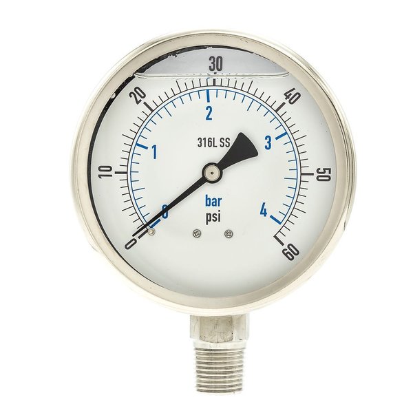 Pic Gauges Pressure Gauge, 0 to 60 psi, 1/2 in MNPT, Stainless Steel, Silver PRO-301L-402D-01