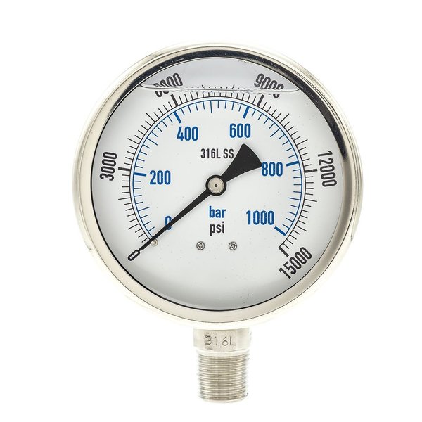 Pic Gauges Pressure Gauge, 0 to 15,000 psi, 1/2 in MNPT, Stainless Steel, Silver PRO-301L-402V-01