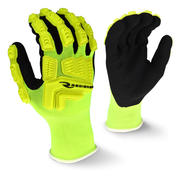 Radians Nitrile Hi-Vis Impact Coated Gloves, Palm Coverage, Black/Yellow, L, PR RWG21TL