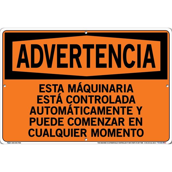 Vestil Aluminum Sign, 12-1/2" Height, 18-1/2" Width, Aluminum, Rectangle, Spanish SI-W-24-D-AL-063-S