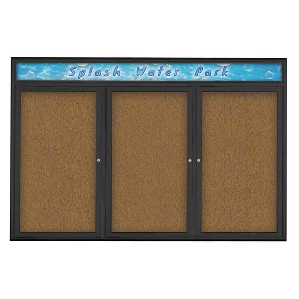 United Visual Products Triple Door Radius Corkboard, Header, 72 UV80155-BLACK-FORBO