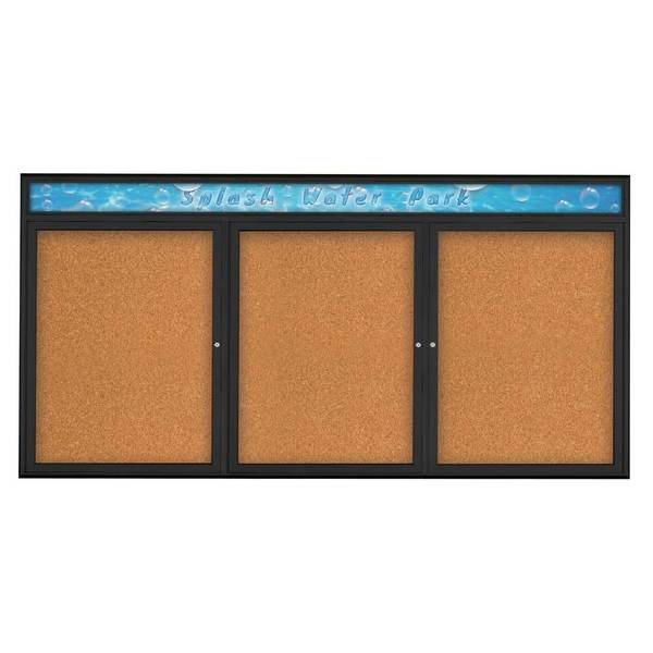 United Visual Products Triple Door Radius Corkboard, Header, 96 UV8016-BLACK-CORK