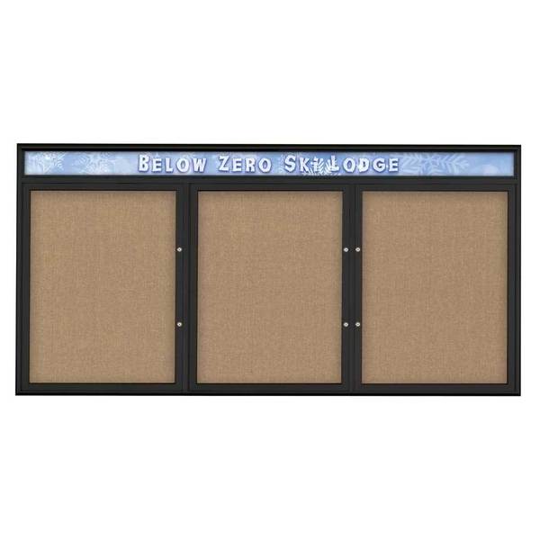 United Visual Products Triple Door Radius Plus Corkboard With H UV8016PLUS-BLACK-BUFF