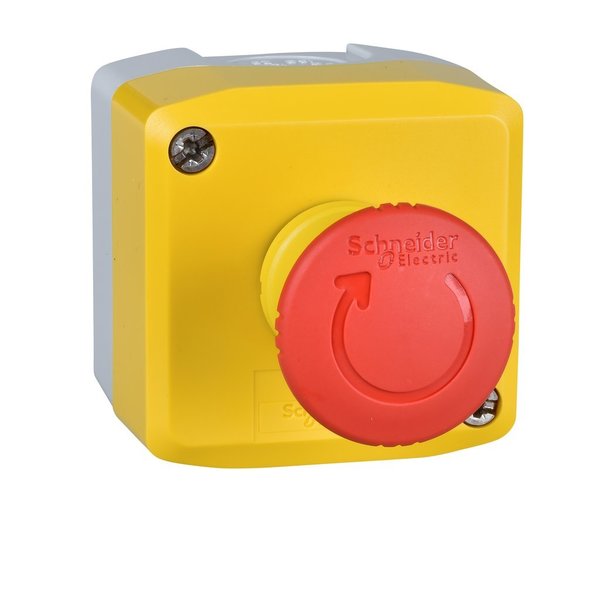 Schneider Electric Control station, Harmony XALD, XALK, plastic, yellow, 1 red mushroom head push button 40mm, emergency stop turn to release, 1NO + 1 NC, unmarked XALK178E