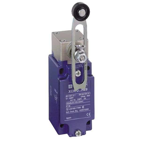 Telemecanique Sensors Limit Switch, Adjustable Roller Lever, Rotary, 1NC/1NO, Actuator Location: Side XCKJ50541H29