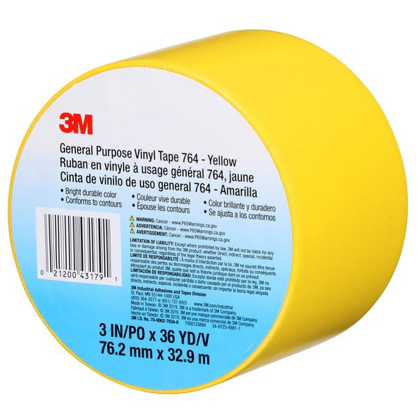 3M 7000123864 General Purpose Vinyl Tape 764, Yellow, 3 in x 36 yd, 5 Mil