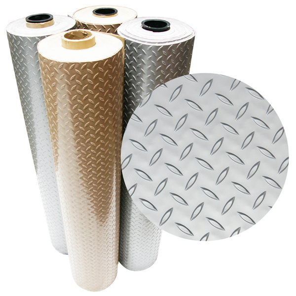 Rubber-Cal "Diamond-Plate Metallic" PVC Flooring - 2.5 mm x 4 ft x 10 ft - Silver 03-W266
