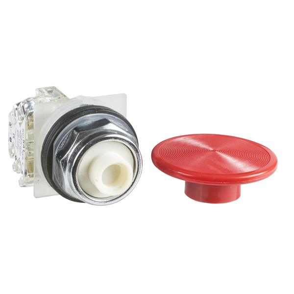 Schneider Electric Push-button, Harmony 9001K, metal, snap-in plastic mushroom 57mm, red, 30mm, spring return, 1 NC 9001KR5RH6