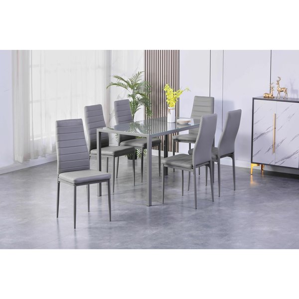 Homelegance Dining Set, 34.25 in W, 57.75 in L, 9.25 in H, Metal, Glass, Leather Top HM4056GY-7PC