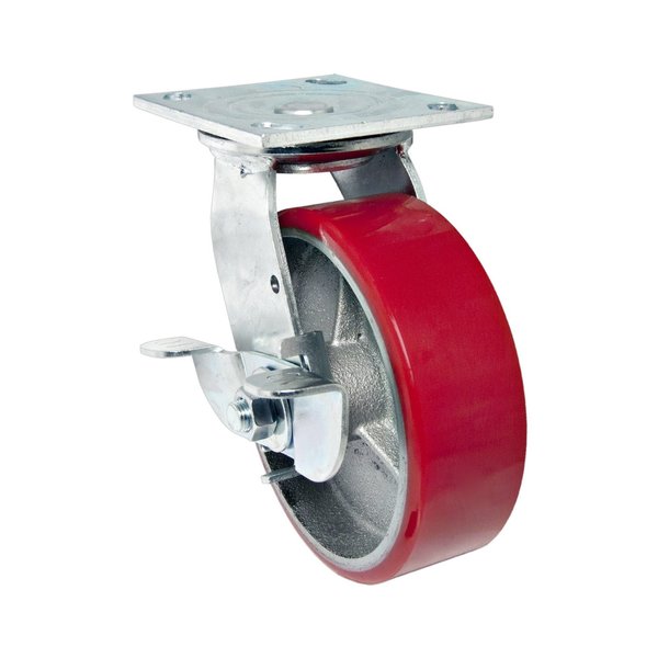 Madico Heavy-Duty Mold‐On Polyurethane Industrial Casters, Swivel with Brake, with Plate, Red F25206