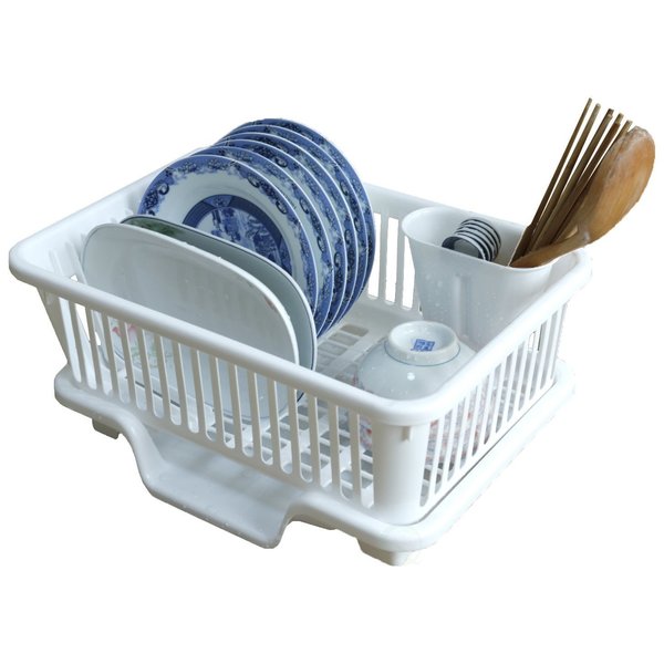 Basicwise Plastic Dish Rack with Drain Board and Utensil Cup