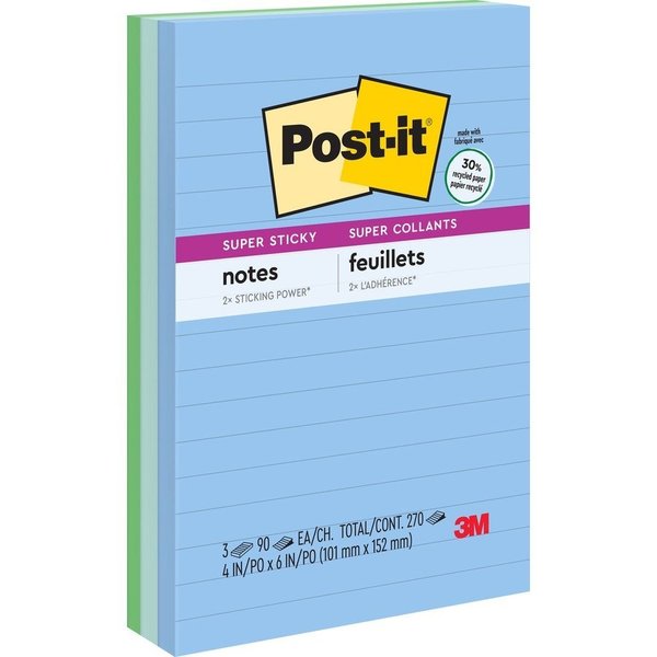 Post-it Super Sticky Tropical Note, Self-Adhesive, 4 x 6, Assorted Paper - 3 pack