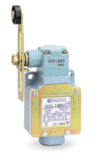 Telemecanique Sensors Limit Switch, Roller Lever, Rotary, 1NC/1NO, 10A @ 240V AC XCKL10041H7