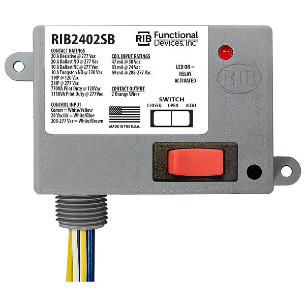 Functional Devices-Rib Enclosed Pre-Wired Relay, 20A@277VAC, SPST RIB2402SB