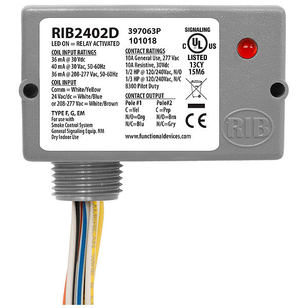 Functional Devices-Rib Enclosed Pre-Wired Relay, 10A@30VDC, DPDT RIB2402D