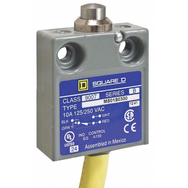 Telemecanique Sensors Limit Switch, Plunger, Spring Return, SPDT, 10A @ 240V AC, Actuator Location: Top 9007MS01S0500