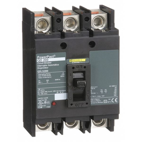 Square D Molded Case Circuit Breaker, QDL Series 200A, 3 Pole, 240V AC QDL32200