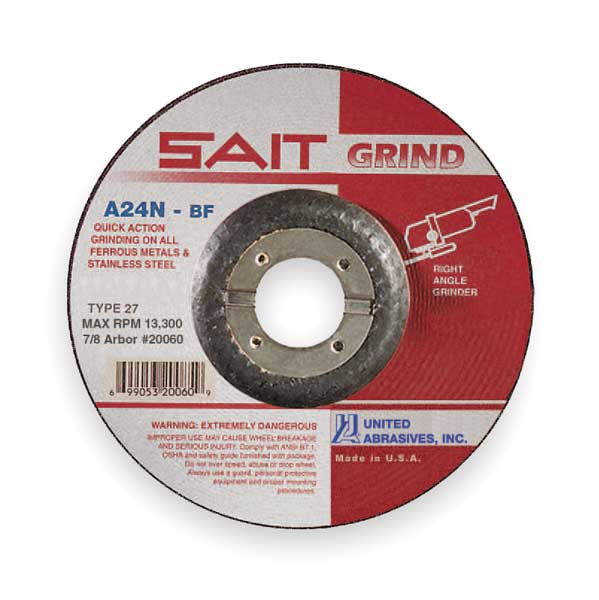 United Abrasives/Sait Depressed Center Grinding Wheel, 27, 7" Dia, 1/4" Thick, 7/8" Arbor Hole Size, Aluminum Oxide 20081