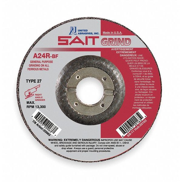 United Abrasives/Sait Depressed Center Grinding Wheel, 27, 4-1/2" Dia, 1/4" Thick, 7/8" Arbor Hole Size, Aluminum Oxide 20063