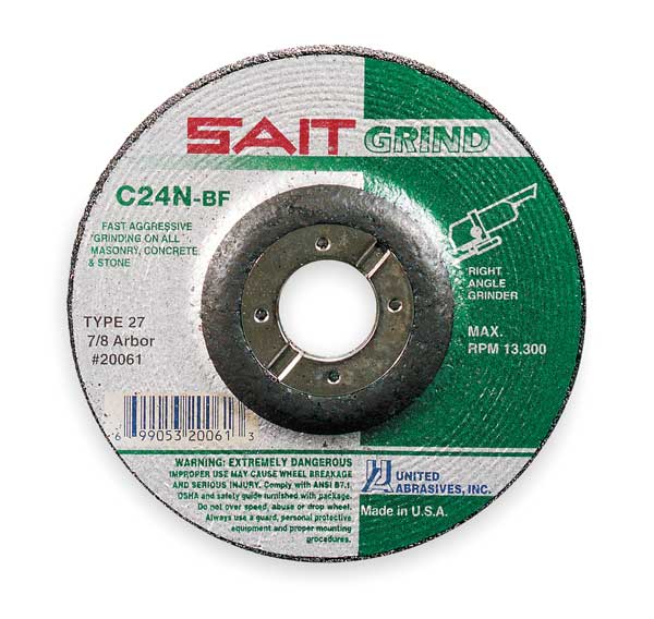 United Abrasives/Sait Depressed Center Grinding Wheel, 27, 4-1/2" Dia, 1/4" Thick, 7/8" Arbor Hole Size, Silicon Carbide 20061