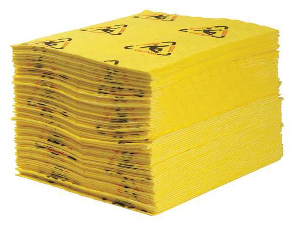 Brady Absorbent Pad, 22 gal, 15 in x 19 in, Chemical, Hazmat, Black, Red, Yellow, Polypropylene CH100