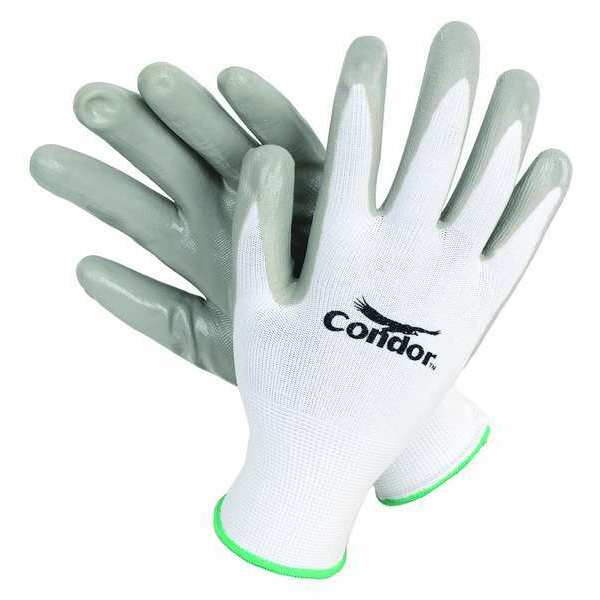Condor Nitrile Coated Gloves, Palm Coverage, White/Gray, S, PR 5AJ53