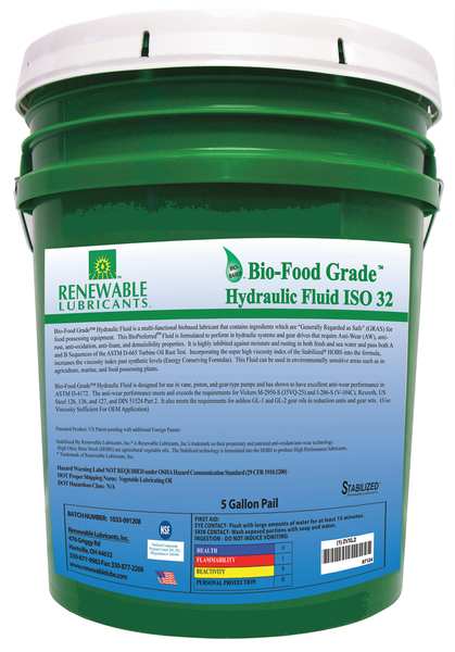Renewable Lubricants Bio-Food Grade Hydraulic Fluid, 5 gal., ISO 32 87124