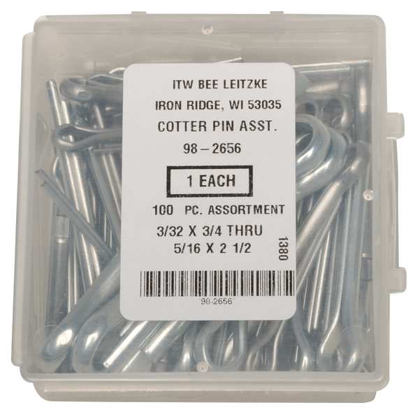 Itw Bee Leitzke Cotter Pin Asst, LCS, Zinc, 100 Pcs, 14Sizes WWG-DISP-CP100HC