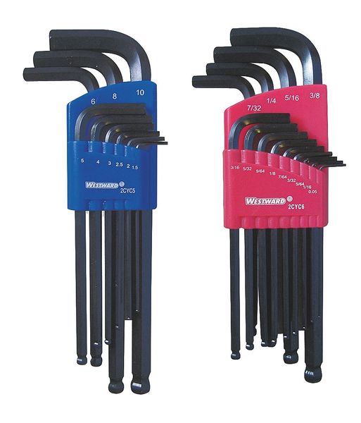 Westward 22-Piece Hex Key Set, L, Metric and SAE, Long, Alloy Steel, Plastic Holder, 2CYC7 2CYC7