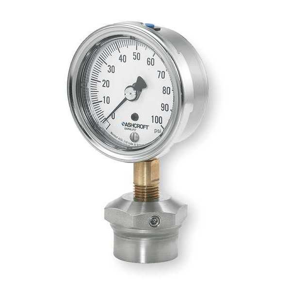 Ashcroft Pressure Gauge, 0 to 100 psi, 1/4 in MNPT, Stainless Steel, Silver 251009AW02L/310SSLXCG100