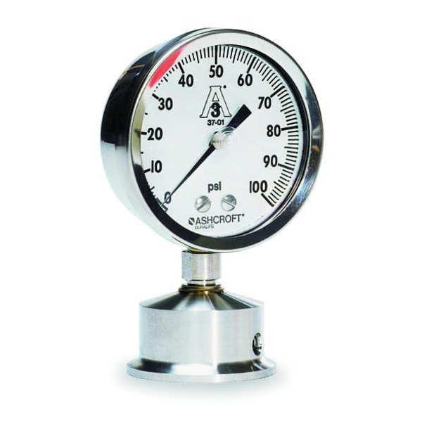 Ashcroft Pressure Gauge, 0 to 60 psi, 1 1/2 in Triclamp, Stainless Steel, Silver 25-1032S-15L-60