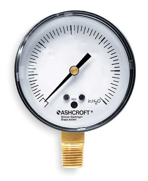 Ashcroft Pressure Gauge, 0 to 60 in wc, 1/4 in MNPT, Plastic, Black 25 1490A 02L 60" H20