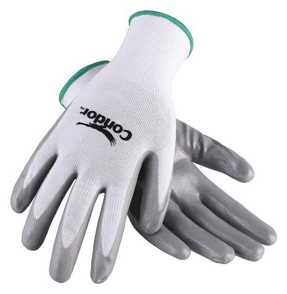 Condor Nitrile Coated Gloves, Palm Coverage, White/Gray, S, PR 20GY90