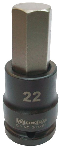 Westward 3/4 in Drive Impact Socket Bit 22 mm Size, Standard Socket, Black Oxide 20HX54