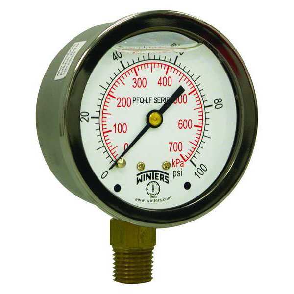 Winters Pressure Gauge, 0 to 100 psi, 1/4 in MNPT, Stainless Steel, Silver PFQ804LF