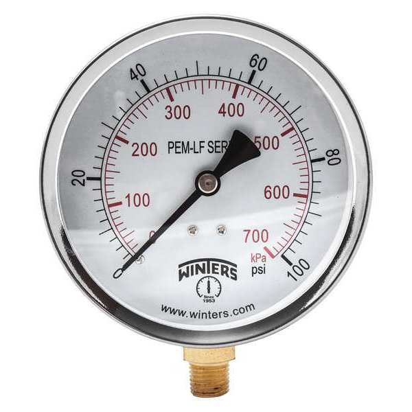 Winters Pressure Gauge, 0 to 100 psi, 1/4 in MNPT, Steel, Black PEM223LF