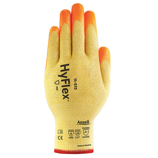 Ansell Hi-Vis Cut Resistant Coated Gloves, A5 Cut Level, Nitrile, M, 1 PR 11-515