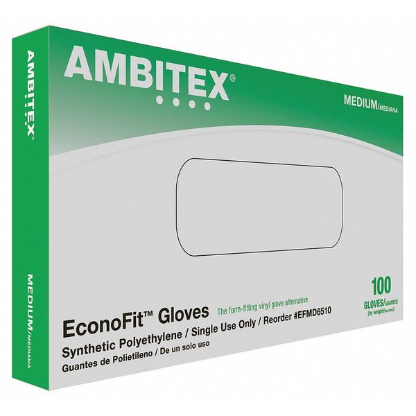 Ambitex Disposable Gloves, Polyethylene, Powder-Free, M, 100 PK, Clear EFMD6510
