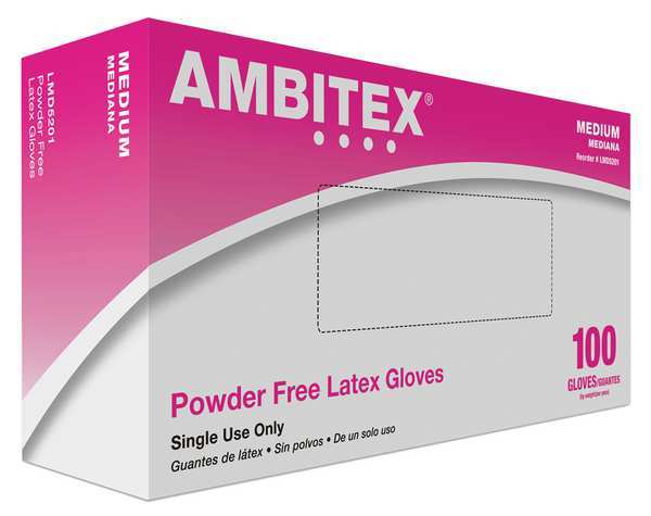 Ambitex Disposable Gloves, 4 mil Palm, Natural Rubber Latex, Powder-Free, M, 100 PK, Cream LMD5201