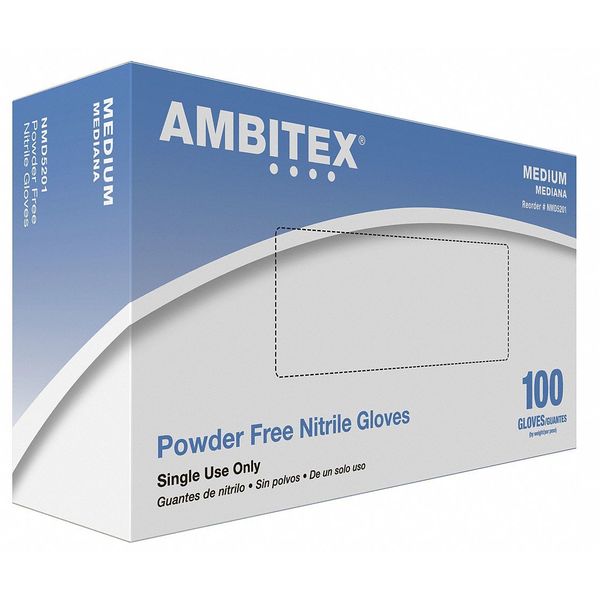 Ambitex Textured Gloves, 4 mil Palm, Nitrile, Powder-Free, M, 100 PK, Blue NMD5201