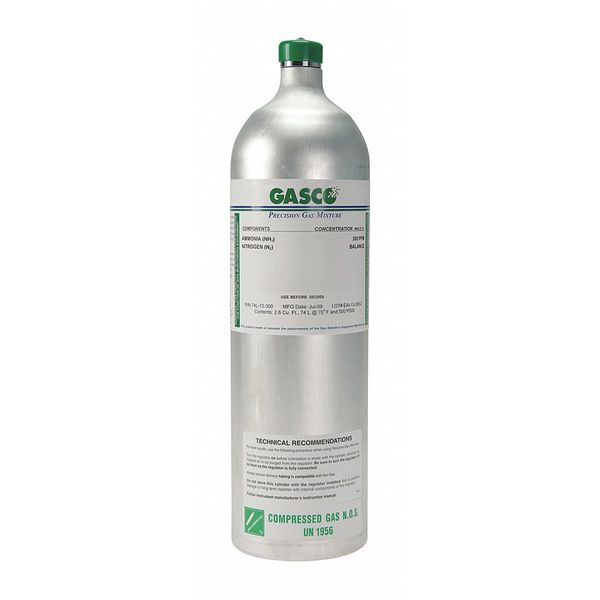 Gasco Calibration Gas, Hydrogen Sulfide, Nitrogen, 74 L, C-10 (5/8 in UNF) Connection, +/-5% Accuracy 74L-98-50