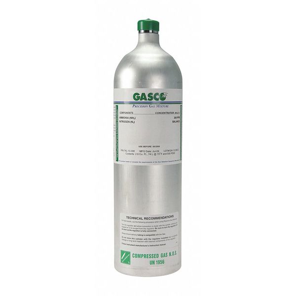 Gasco Calibration Gas, Nitrogen, 74 L, C-10 (5/8 in UNF) Connection, +/-5% Accuracy, 500 psi Max. Pressure 74L-114
