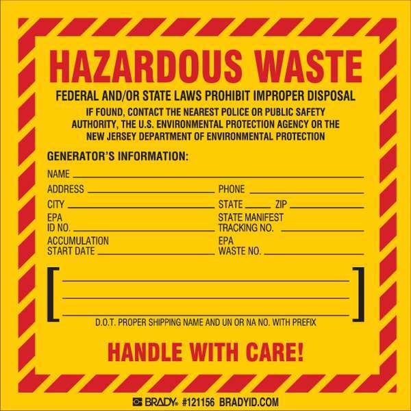 Brady Hazardous Waste Label, NJ Specific, PK50 121156