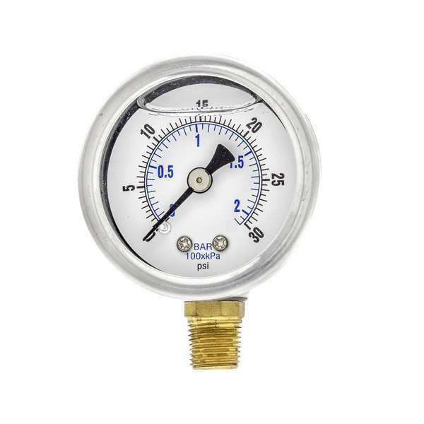 Pic Gauges Pressure Gauge, 0 to 30 psi, 1/8 in MNPT, Stainless Steel, Silver 201L-158C