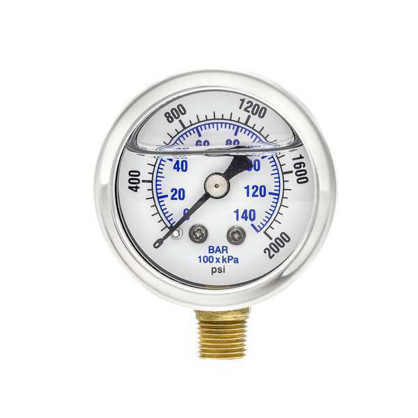 Pic Gauges Pressure Gauge, 0 to 2000 psi, 1/8 in MNPT, Stainless Steel, Silver 201L-158O