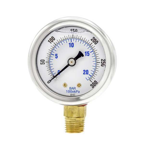 Pic Gauges Pressure Gauge, 0 to 300 psi, 1/4 in MNPT, Stainless Steel, Silver 201L-204H